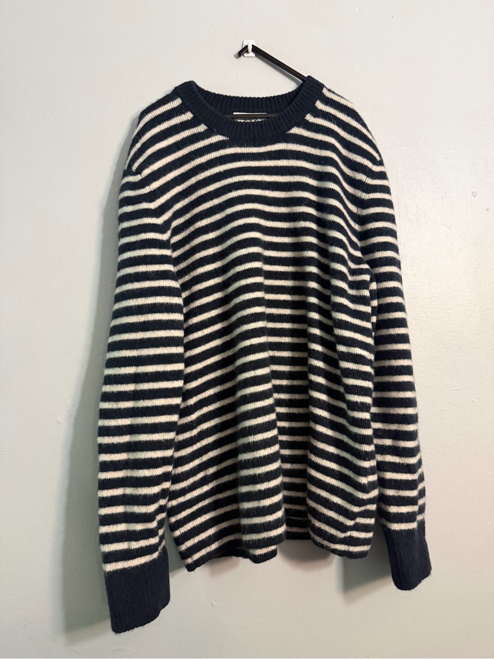 Cos Regular Fit Striped Navy Cream Alpaca Wool Blend Crewneck Jumper Sweater